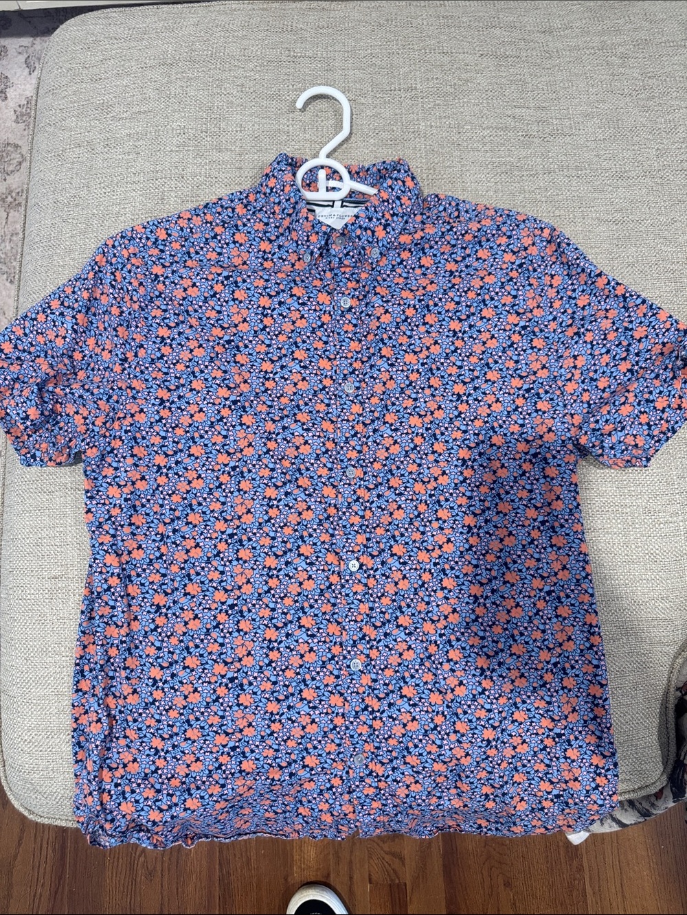 Denim & Flower Navy Button-Down Shirt with Coral Floral Print